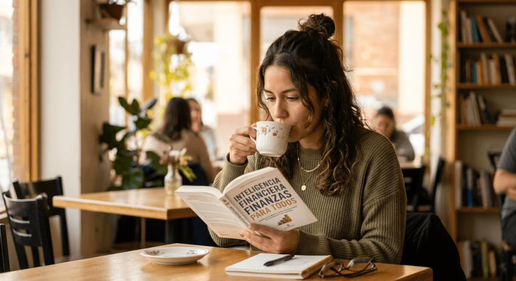 Woman drinking coffee and reading a book titled Intelgencia Financiera Finanzas Para Todos